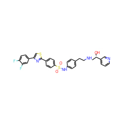 O=S(=O)(Nc1ccc(CCNC[C@H](O)c2cccnc2)cc1)c1ccc(-c2nc(-c3ccc(F)c(F)c3)cs2)cc1 ZINC000025419131