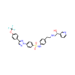 O=S(=O)(Nc1ccc(CCNC[C@H](O)c2cccnc2)cc1)c1ccc(-n2ncc(-c3ccc(OC(F)(F)F)cc3)n2)cc1 ZINC000026187692