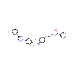 O=S(=O)(Nc1ccc(CCNC[C@H](O)c2cccnc2)cc1)c1ccc(-n2ncc(-c3cccc(F)c3)n2)cc1 ZINC000026254966