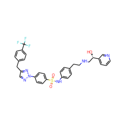 O=S(=O)(Nc1ccc(CCNC[C@H](O)c2cccnc2)cc1)c1ccc(-n2ncc(Cc3ccc(C(F)(F)F)cc3)n2)cc1 ZINC000003923969