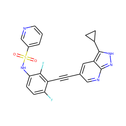 O=S(=O)(Nc1ccc(F)c(C#Cc2cnc3n[nH]c(C4CC4)c3c2)c1F)c1cccnc1 ZINC000473131985