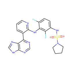 O=S(=O)(Nc1ccc(F)c(Nc2ncccc2-c2ncnc3[nH]cnc23)c1F)N1CCCC1 ZINC000653844295