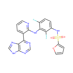 O=S(=O)(Nc1ccc(F)c(Nc2ncccc2-c2ncnc3[nH]cnc23)c1F)c1ccco1 ZINC000166380023