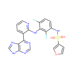 O=S(=O)(Nc1ccc(F)c(Nc2ncccc2-c2ncnc3[nH]cnc23)c1F)c1ccoc1 ZINC000166376188