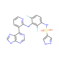 O=S(=O)(Nc1ccc(F)c(Nc2ncccc2-c2ncnc3[nH]cnc23)c1F)c1cn[nH]c1 ZINC000653842805