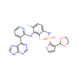 O=S(=O)(Nc1ccc(F)c(Nc2ncccc2-c2ncnc3[nH]cnc23)c1F)c1occc1C1OCCO1 ZINC000166379150