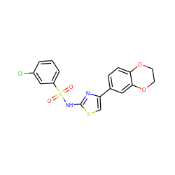 O=S(=O)(Nc1nc(-c2ccc3c(c2)OCCO3)cs1)c1cccc(Cl)c1 ZINC000057721341