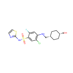 O=S(=O)(Nc1nccs1)c1cc(Cl)c(NC[C@H]2CC[C@@H](O)CC2)cc1F ZINC001772652795