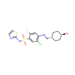 O=S(=O)(Nc1nccs1)c1cc(Cl)c(NC[C@H]2CC[C@H](O)CC2)cc1F ZINC001772609541