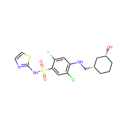 O=S(=O)(Nc1nccs1)c1cc(Cl)c(NC[C@H]2CCC[C@@H](O)C2)cc1F ZINC001772640919