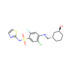 O=S(=O)(Nc1nccs1)c1cc(Cl)c(NC[C@H]2CCC[C@H](O)C2)cc1F ZINC001772579263