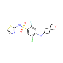 O=S(=O)(Nc1nccs1)c1cc(Cl)c(NC2CC3(COC3)C2)cc1F ZINC001772571040