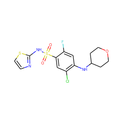 O=S(=O)(Nc1nccs1)c1cc(Cl)c(NC2CCOCC2)cc1F ZINC001772648313