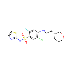 O=S(=O)(Nc1nccs1)c1cc(Cl)c(NCC[C@H]2CCCOC2)cc1F ZINC001772634744