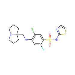 O=S(=O)(Nc1nccs1)c1cc(Cl)c(NCC23CCCN2CCC3)cc1F ZINC001772572734