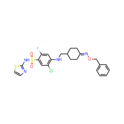 O=S(=O)(Nc1nccs1)c1cc(Cl)c(NCC2CCC(=NOCc3ccccc3)CC2)cc1F ZINC001772646940