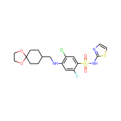 O=S(=O)(Nc1nccs1)c1cc(Cl)c(NCC2CCC3(CC2)OCCO3)cc1F ZINC001772656420