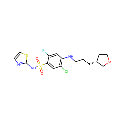 O=S(=O)(Nc1nccs1)c1cc(Cl)c(NCCC[C@@H]2CCOC2)cc1F ZINC001772655088