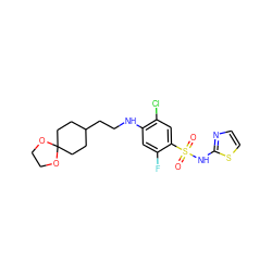 O=S(=O)(Nc1nccs1)c1cc(Cl)c(NCCC2CCC3(CC2)OCCO3)cc1F ZINC001772584804