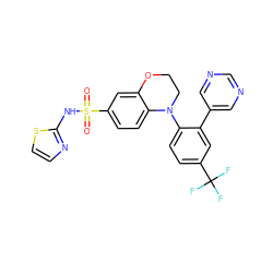 O=S(=O)(Nc1nccs1)c1ccc2c(c1)OCCN2c1ccc(C(F)(F)F)cc1-c1cncnc1 ZINC000220208988