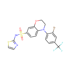 O=S(=O)(Nc1nccs1)c1ccc2c(c1)OCCN2c1ccc(C(F)(F)F)cc1Br ZINC000220199695