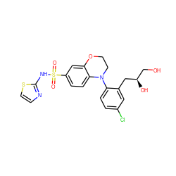 O=S(=O)(Nc1nccs1)c1ccc2c(c1)OCCN2c1ccc(Cl)cc1C[C@H](O)CO ZINC000205727486