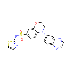 O=S(=O)(Nc1nccs1)c1ccc2c(c1)OCCN2c1ccc2nccnc2c1 ZINC000220258346