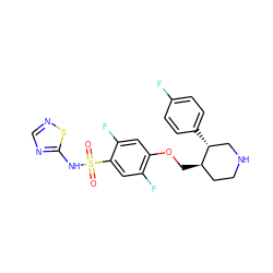 O=S(=O)(Nc1ncns1)c1cc(F)c(OC[C@@H]2CCNC[C@H]2c2ccc(F)cc2)cc1F ZINC000220621860