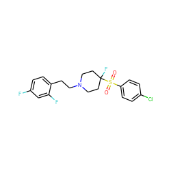 O=S(=O)(c1ccc(Cl)cc1)C1(F)CCN(CCc2ccc(F)cc2F)CC1 ZINC000028113847