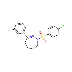 O=S(=O)(c1ccc(Cl)cc1)N1CCCCC(c2cccc(F)c2)=N1 ZINC000040566830