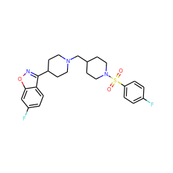 O=S(=O)(c1ccc(F)cc1)N1CCC(CN2CCC(c3noc4cc(F)ccc34)CC2)CC1 ZINC000653807491