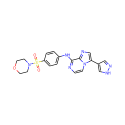 O=S(=O)(c1ccc(Nc2nccn3c(-c4cn[nH]c4)cnc23)cc1)N1CCOCC1 ZINC000072109270