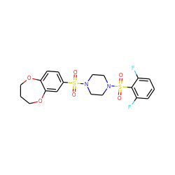 O=S(=O)(c1ccc2c(c1)OCCCO2)N1CCN(S(=O)(=O)c2c(F)cccc2F)CC1 ZINC000036379065