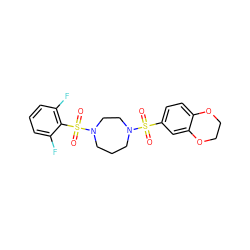 O=S(=O)(c1ccc2c(c1)OCCO2)N1CCCN(S(=O)(=O)c2c(F)cccc2F)CC1 ZINC000036380420