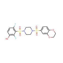 O=S(=O)(c1ccc2c(c1)OCCO2)N1CCN(S(=O)(=O)c2c(F)ccc(O)c2F)CC1 ZINC000036380413