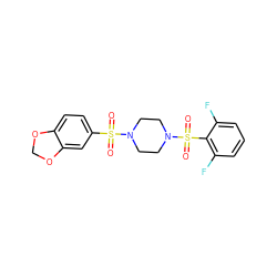 O=S(=O)(c1ccc2c(c1)OCO2)N1CCN(S(=O)(=O)c2c(F)cccc2F)CC1 ZINC000036379058