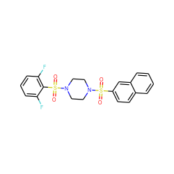 O=S(=O)(c1ccc2ccccc2c1)N1CCN(S(=O)(=O)c2c(F)cccc2F)CC1 ZINC000021317132