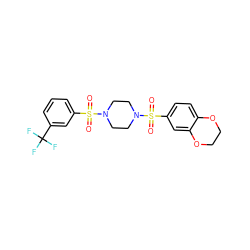 O=S(=O)(c1cccc(C(F)(F)F)c1)N1CCN(S(=O)(=O)c2ccc3c(c2)OCCO3)CC1 ZINC000032794498