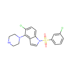 O=S(=O)(c1cccc(Cl)c1)n1ccc2c(N3CCNCC3)c(Cl)ccc21 ZINC000003961862