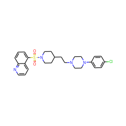 O=S(=O)(c1cccc2ncccc12)N1CCC(CCN2CCN(c3ccc(Cl)cc3)CC2)CC1 ZINC001772584224