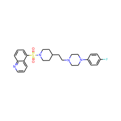 O=S(=O)(c1cccc2ncccc12)N1CCC(CCN2CCN(c3ccc(F)cc3)CC2)CC1 ZINC001772579411