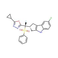 O=S(=O)(c1ccccc1)[C@](F)(c1nnc(C2CC2)o1)[C@H]1Cc2[nH]c3ccc(Cl)cc3c2C1 ZINC000040863096