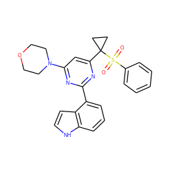 O=S(=O)(c1ccccc1)C1(c2cc(N3CCOCC3)nc(-c3cccc4[nH]ccc34)n2)CC1 ZINC000095585436