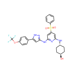 O=S(=O)(c1ccccc1)c1cc(Nc2cc(-c3ccc(OC(F)(F)F)cc3)[nH]n2)nc(N[C@H]2CC[C@H](O)CC2)c1 ZINC000299832606