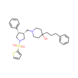 O=S(=O)(c1cccs1)N1C[C@H](c2ccccc2)[C@H](CN2CCC(O)(CCCc3ccccc3)CC2)C1 ZINC000026844269