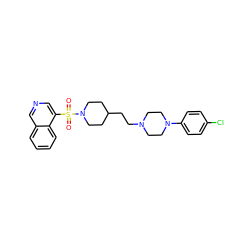 O=S(=O)(c1cncc2ccccc12)N1CCC(CCN2CCN(c3ccc(Cl)cc3)CC2)CC1 ZINC000073281002