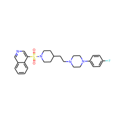 O=S(=O)(c1cncc2ccccc12)N1CCC(CCN2CCN(c3ccc(F)cc3)CC2)CC1 ZINC001772653863