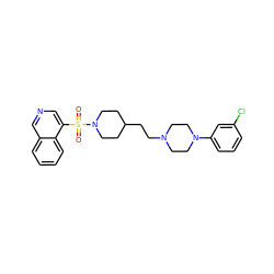 O=S(=O)(c1cncc2ccccc12)N1CCC(CCN2CCN(c3cccc(Cl)c3)CC2)CC1 ZINC001772615732