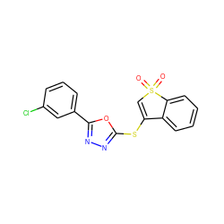 O=S1(=O)C=C(Sc2nnc(-c3cccc(Cl)c3)o2)c2ccccc21 ZINC000010489541