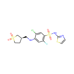 O=S1(=O)CC[C@H](CNc2cc(F)c(S(=O)(=O)Nc3nccs3)cc2Cl)C1 ZINC001772610480